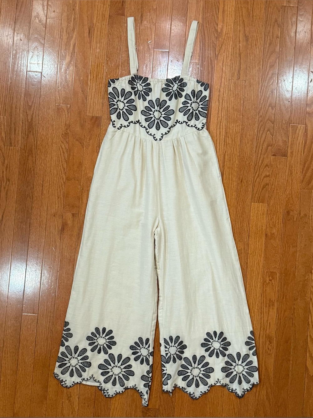 NAOO Women’s Medium Floral Embroidered Wide Leg Jumpsuit Boho Festival Smocked